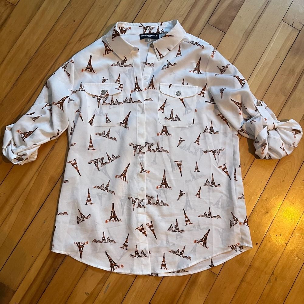 Karl Lagerfeld Paris Eiffel Tower Print Button Down Shirt Women's Size M